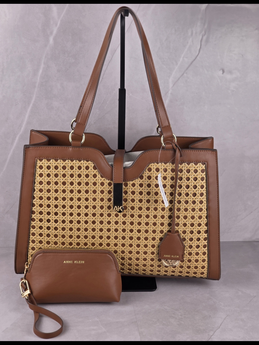Anne Klein Brown Woven Tote Handbag with Pouch